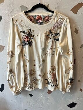 Johnny Was Selah Cuffed Puff Sleeve Embroidered Top size S